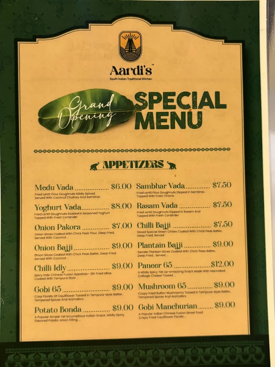 Menu, Aardi's South Indian Traditional Kitchen