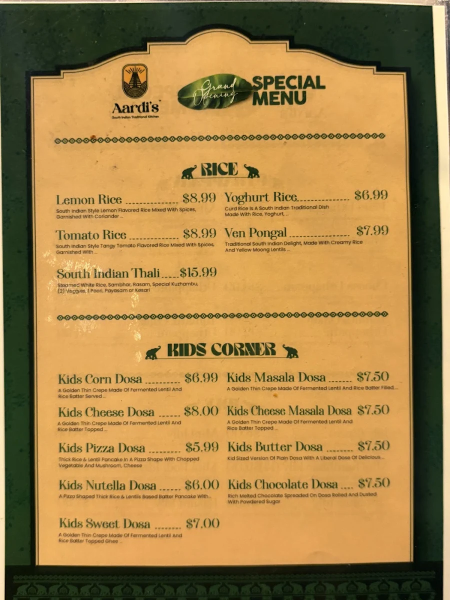 Menu, Aardi's South Indian Traditional Kitchen