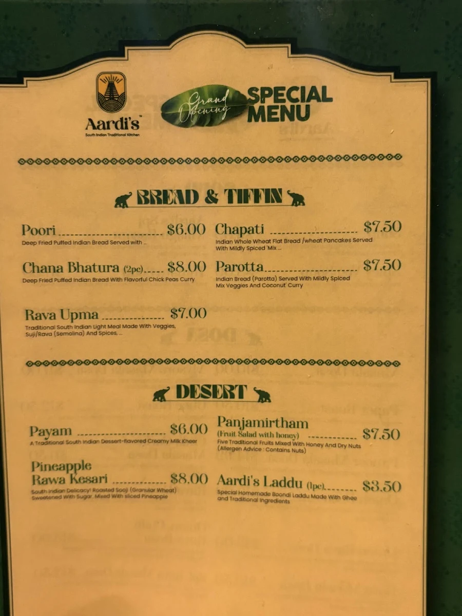 Menu, Aardi's South Indian Traditional Kitchen