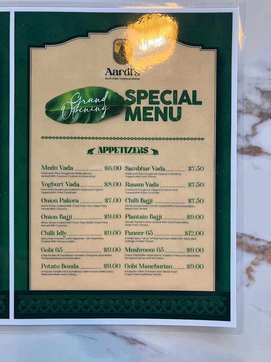Menu, Aardi's South Indian Traditional Kitchen