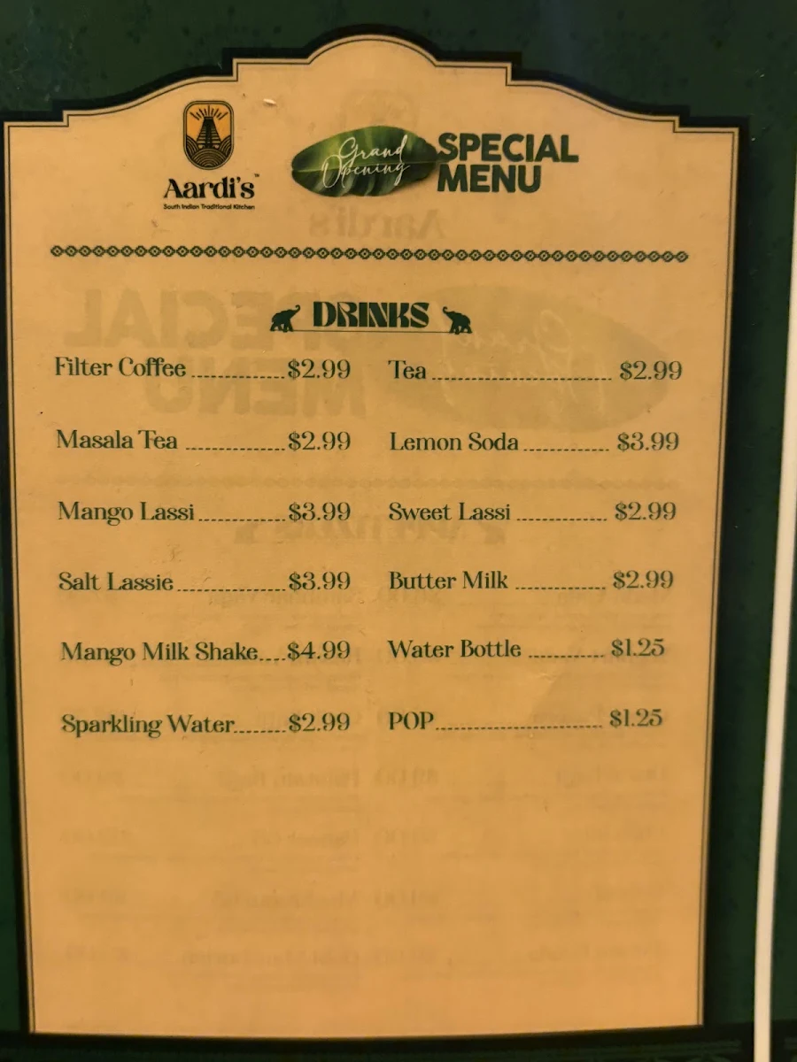 Menu, Aardi's South Indian Traditional Kitchen