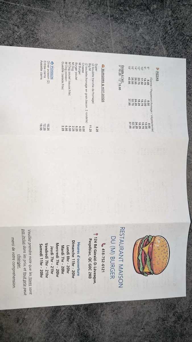Menu, Restaurant Maison du (M) Burger