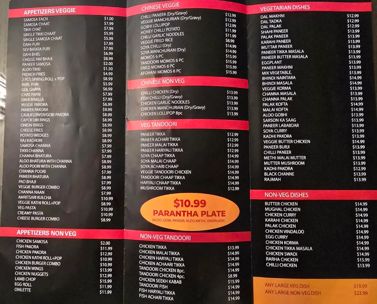 Menu, New Parmar Restaurant & Catering