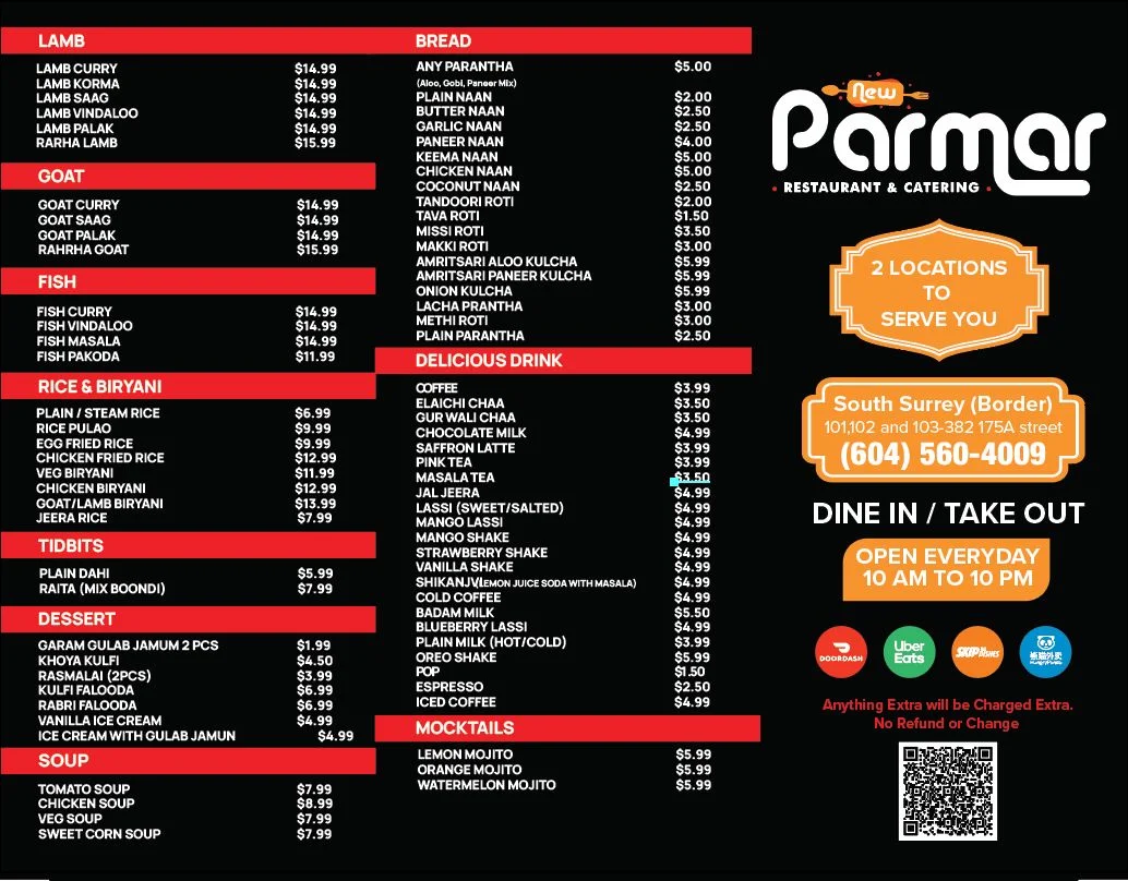 Menu, New Parmar Restaurant & Catering