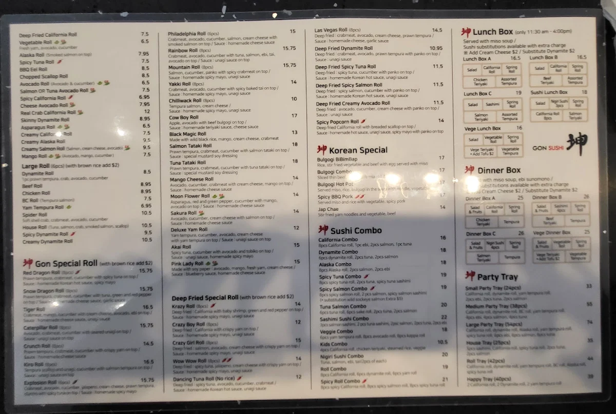 Menu, Gon Sushi