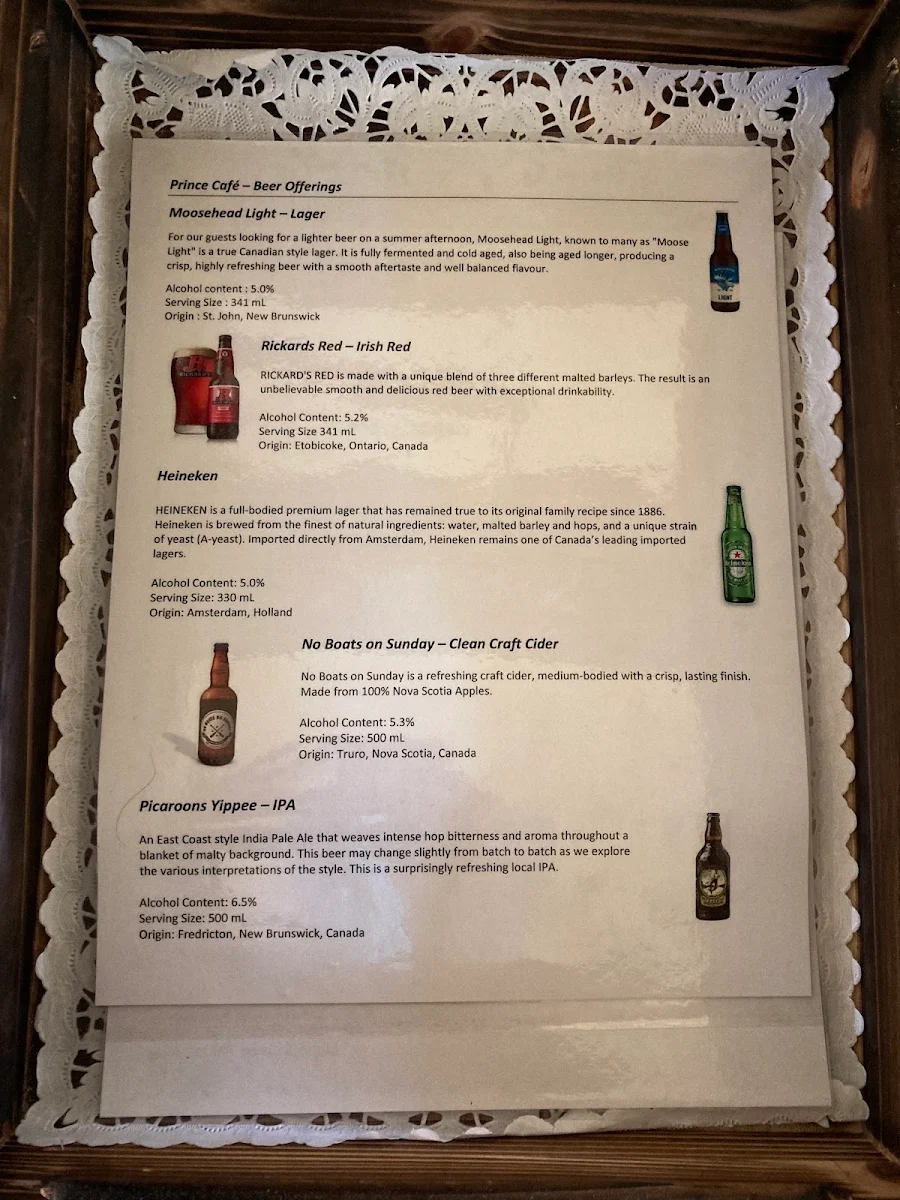 Menu, The Prince Café