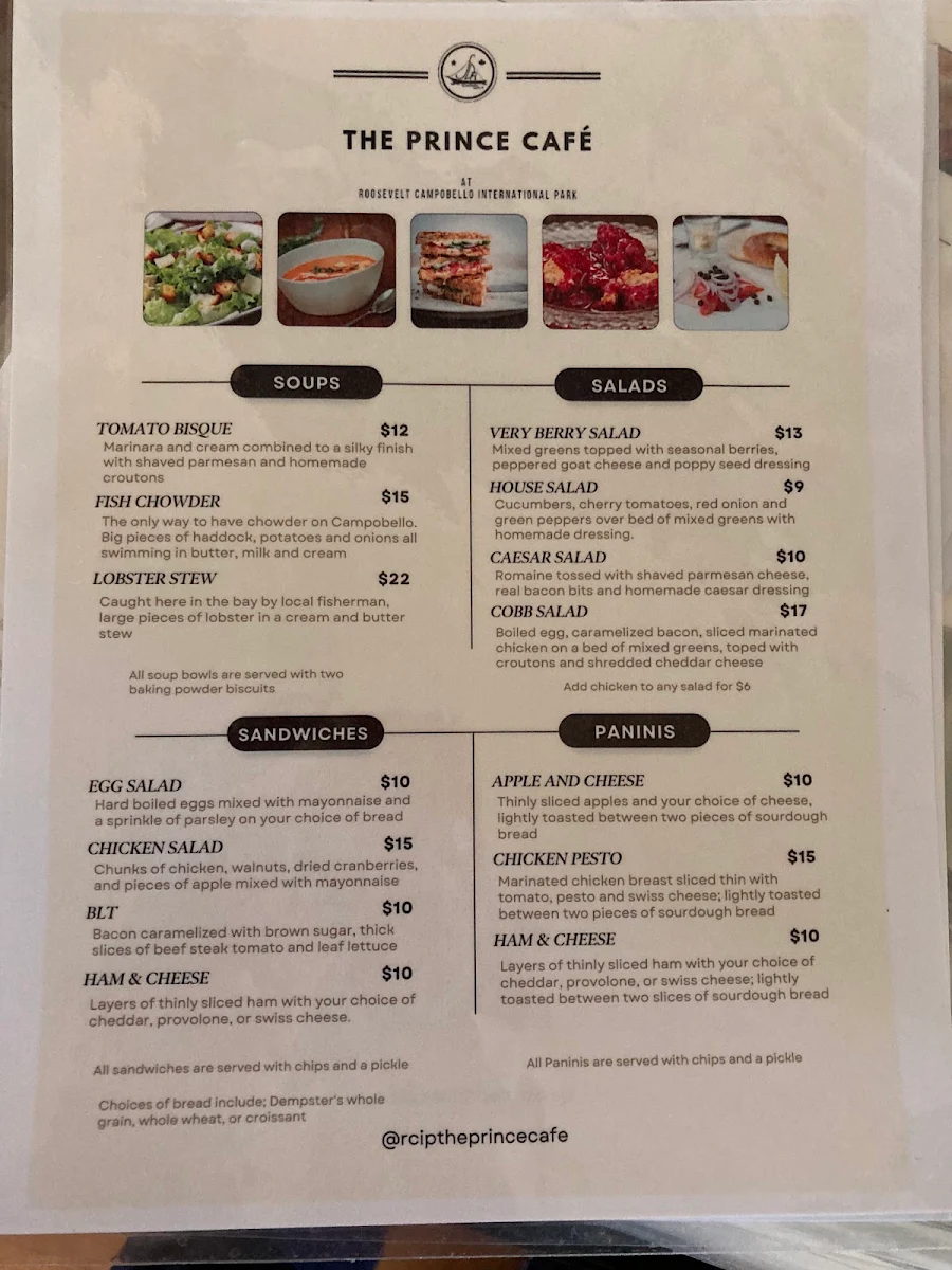 Menu, The Prince Café