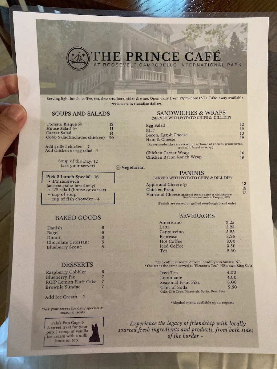 Menu, The Prince Café