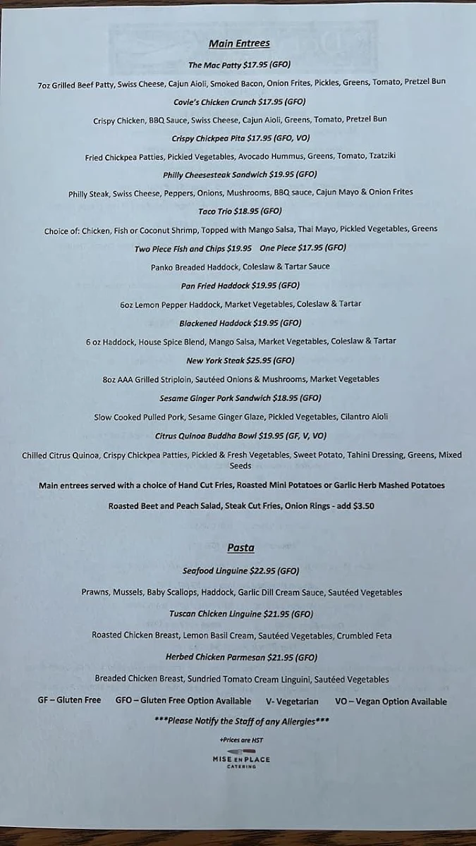 Menu, The Dory Pub & Restaurant