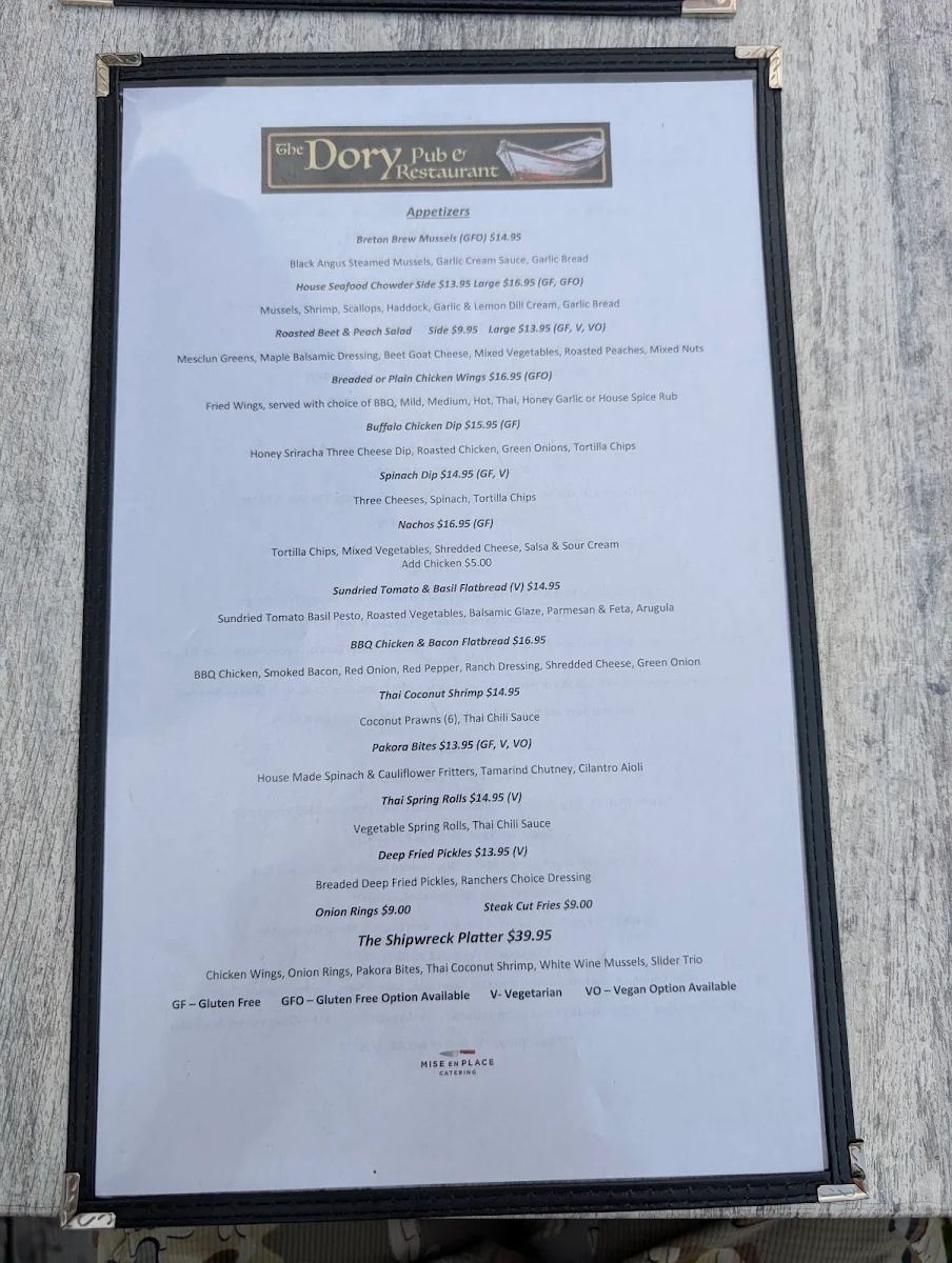 Menu, The Dory Pub & Restaurant