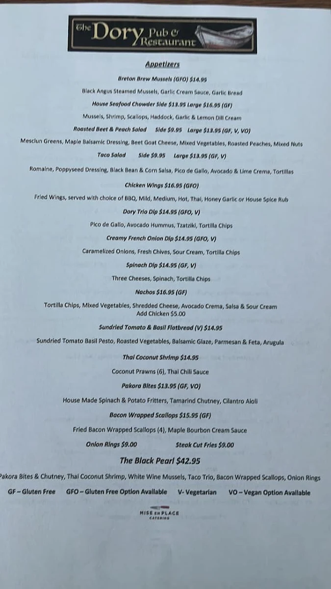 Menu, The Dory Pub & Restaurant