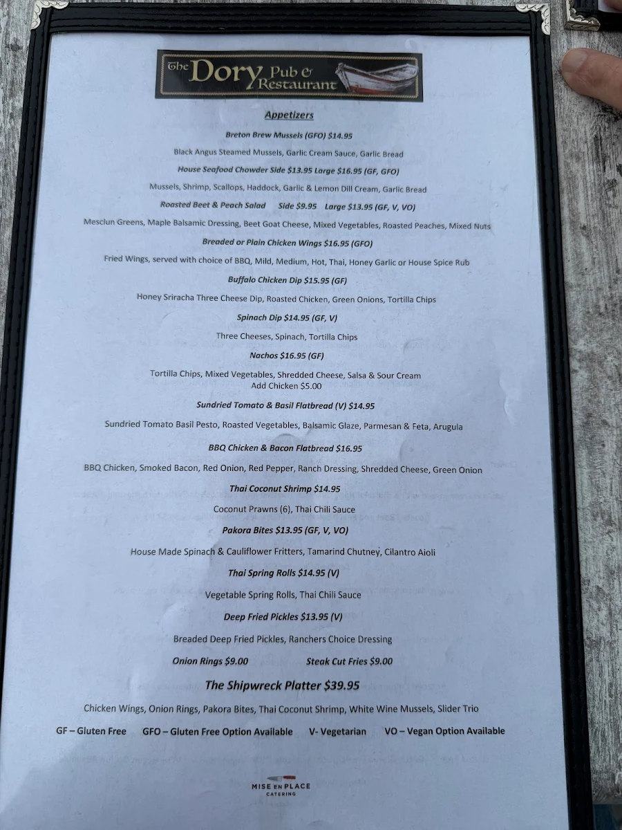 Menu, The Dory Pub & Restaurant