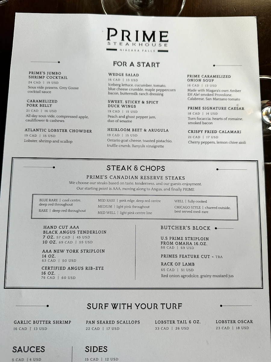Menu, Prime Steakhouse Niagara Falls