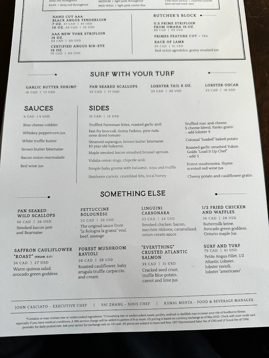 Menu, Prime Steakhouse Niagara Falls
