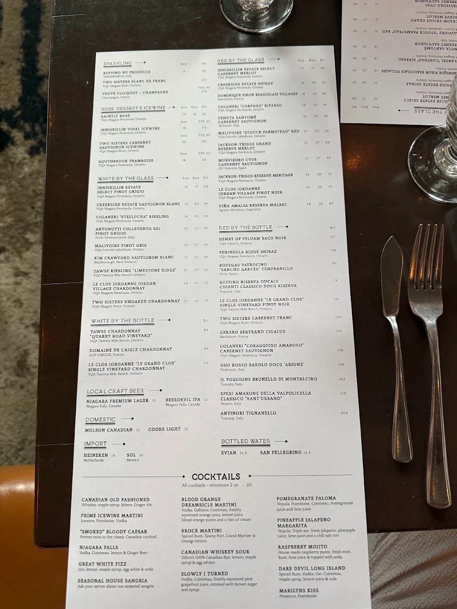 Menu, Prime Steakhouse Niagara Falls