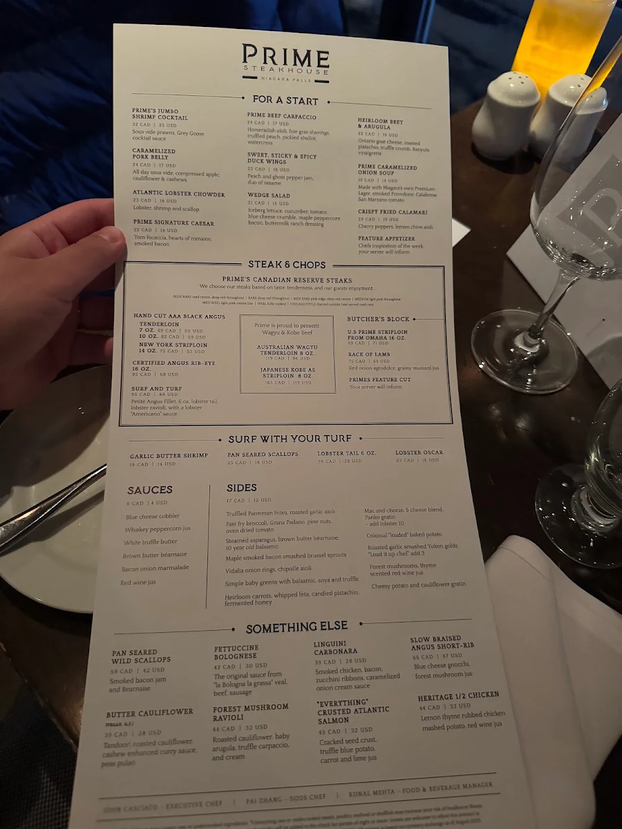 Menu, Prime Steakhouse Niagara Falls