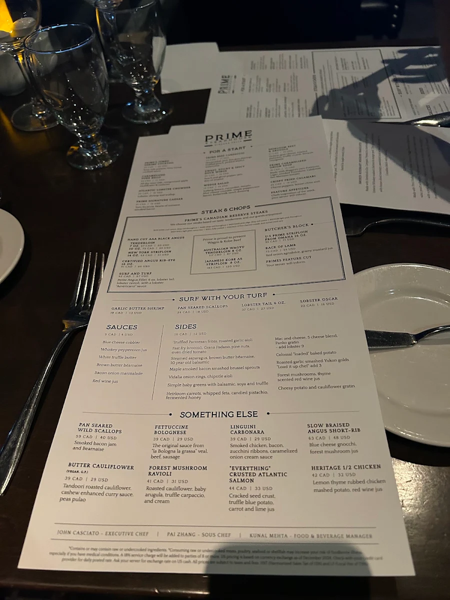 Menu, Prime Steakhouse Niagara Falls