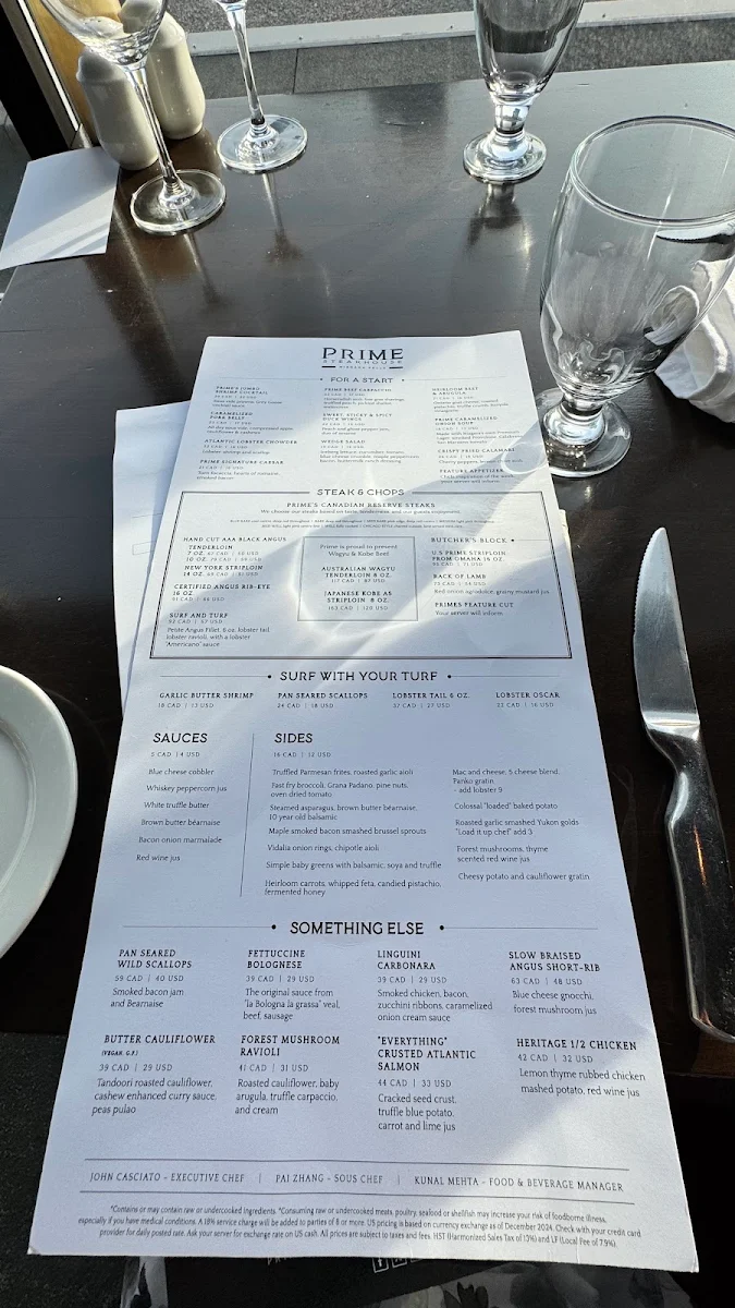 Menu, Prime Steakhouse Niagara Falls