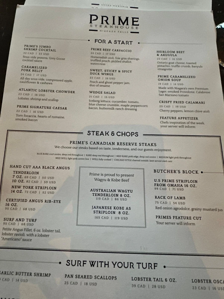 Menu, Prime Steakhouse Niagara Falls