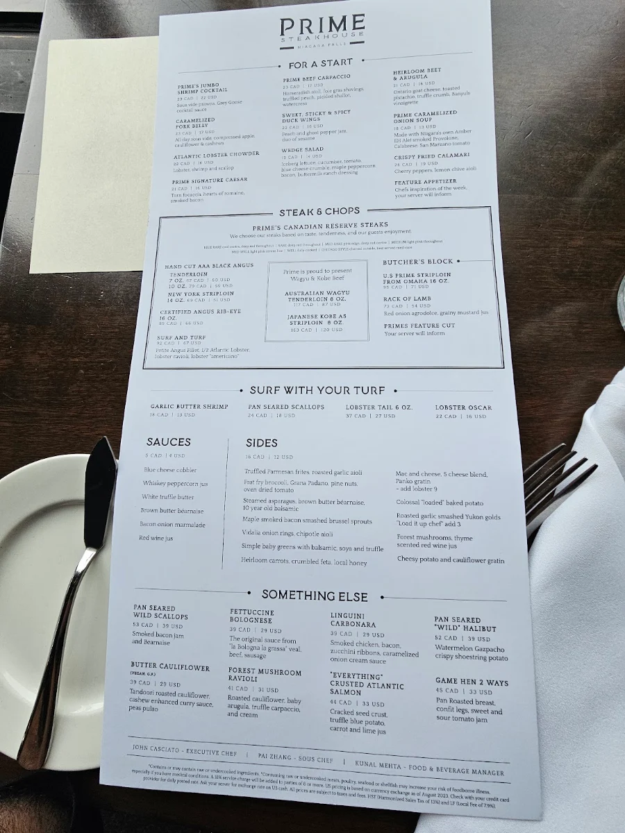 Menu, Prime Steakhouse Niagara Falls