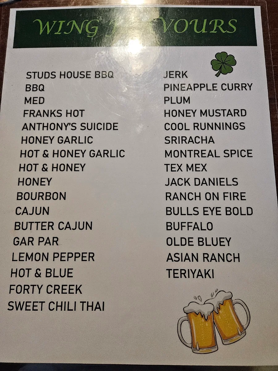 Menu, Studs Lonigans Pub