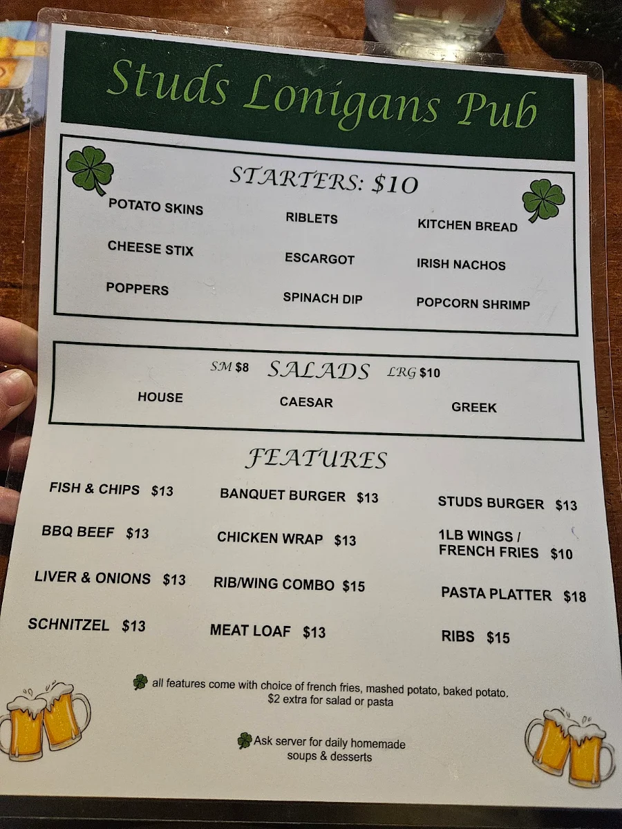 Menu, Studs Lonigans Pub