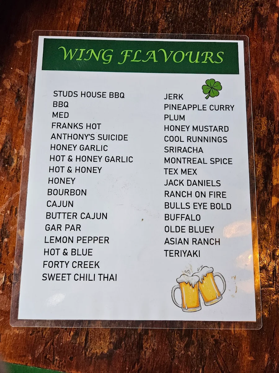 Menu, Studs Lonigans Pub