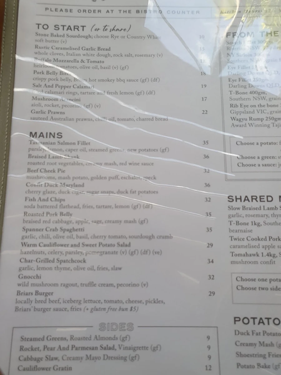 Menu, Briars Inn