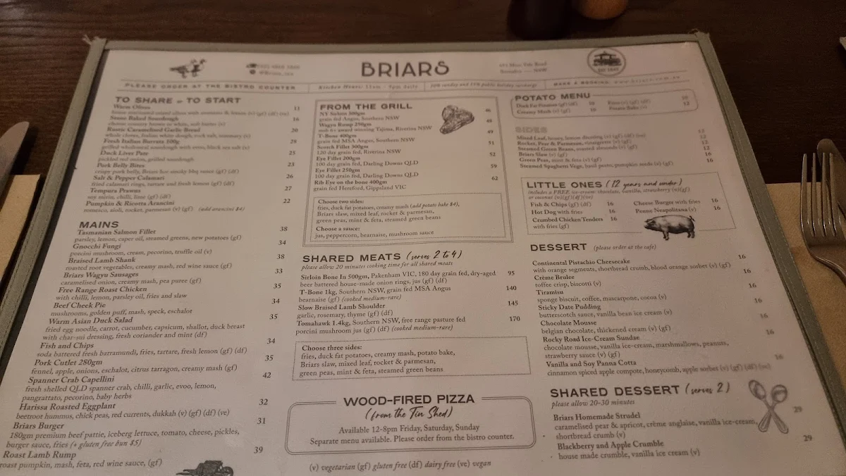 Menu, Briars Inn