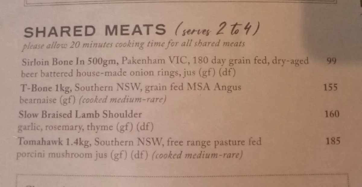 Menu, Briars Inn