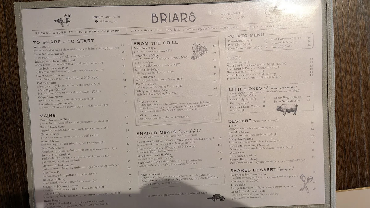 Menu, Briars Inn