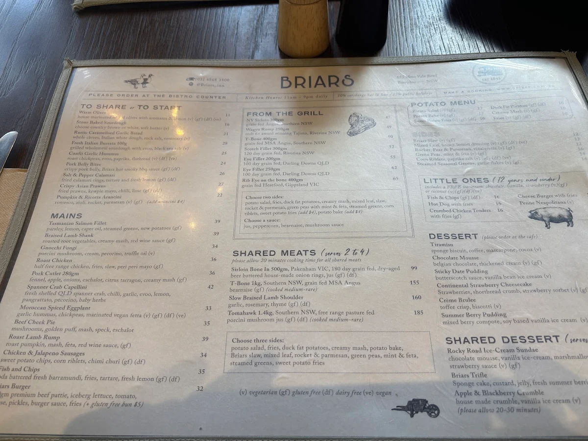 Menu, Briars Inn