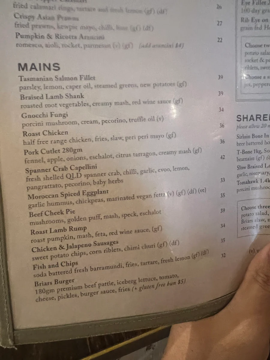 Menu, Briars Inn