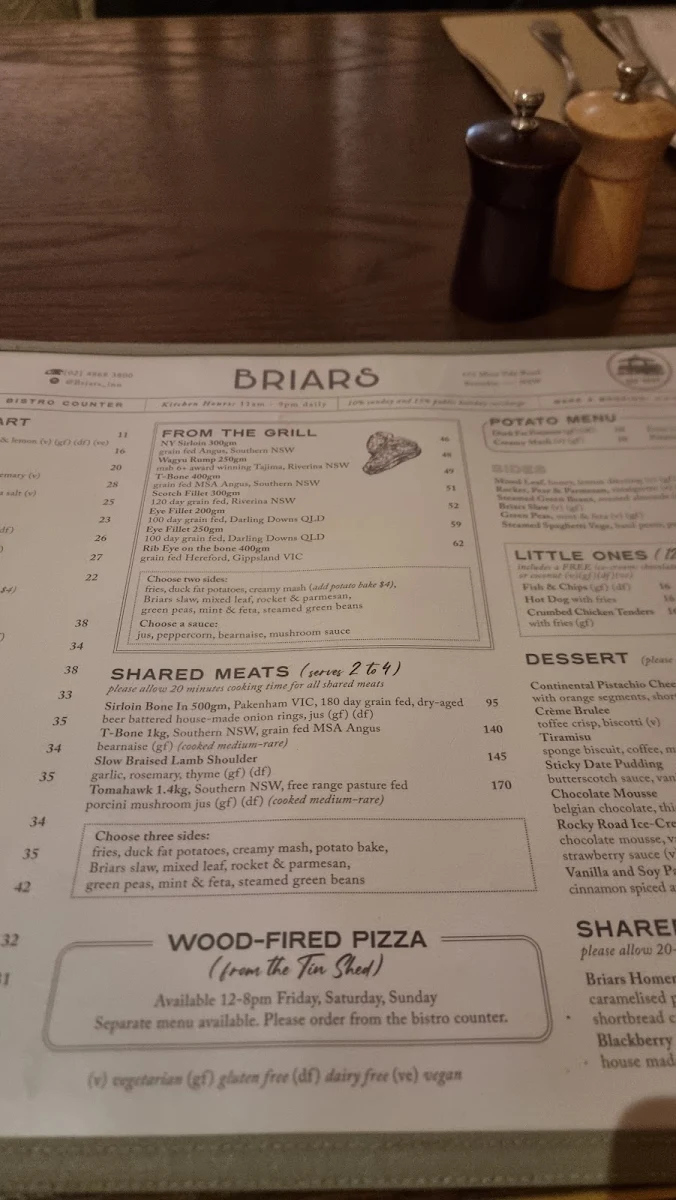 Menu, Briars Inn