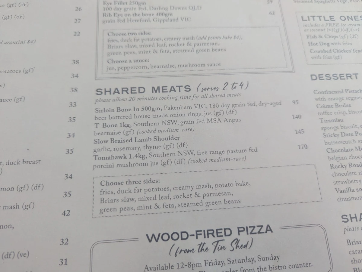Menu, Briars Inn