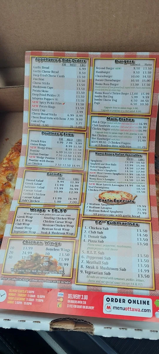 Menu, Mama Rosa Pizzeria