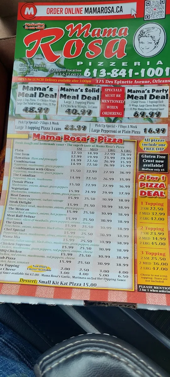 Menu, Mama Rosa Pizzeria