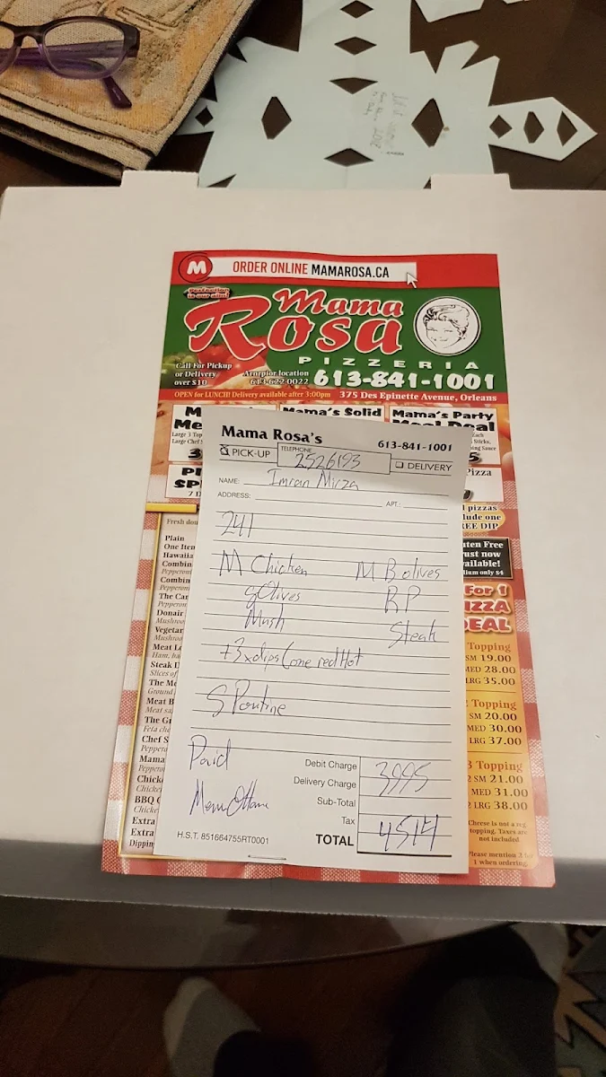 Menu, Mama Rosa Pizzeria