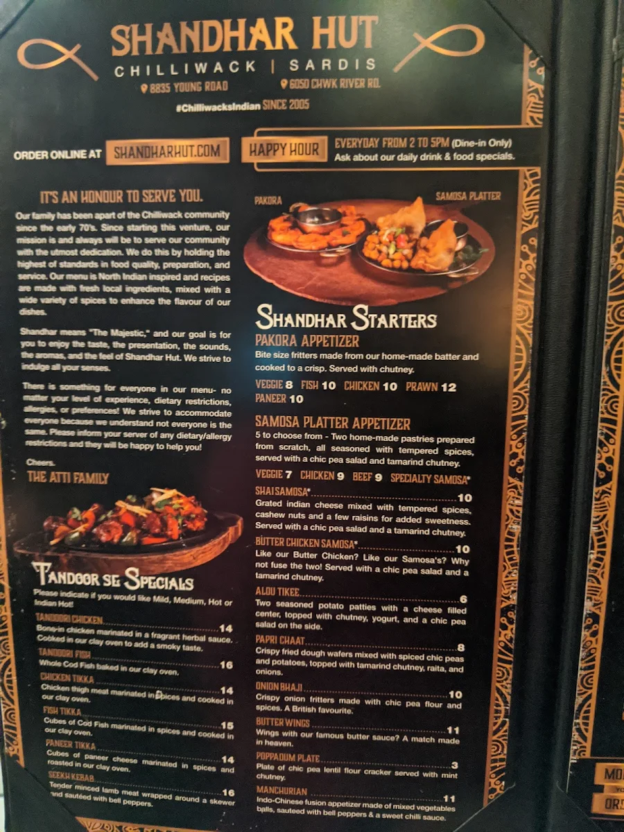 Menu, Shandhar Hut Indian Cuisine - Downtown