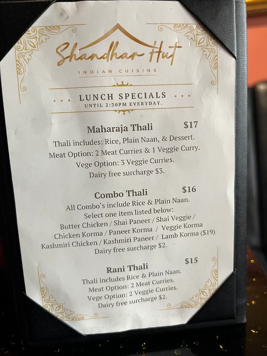 Menu, Shandhar Hut Indian Cuisine - Downtown