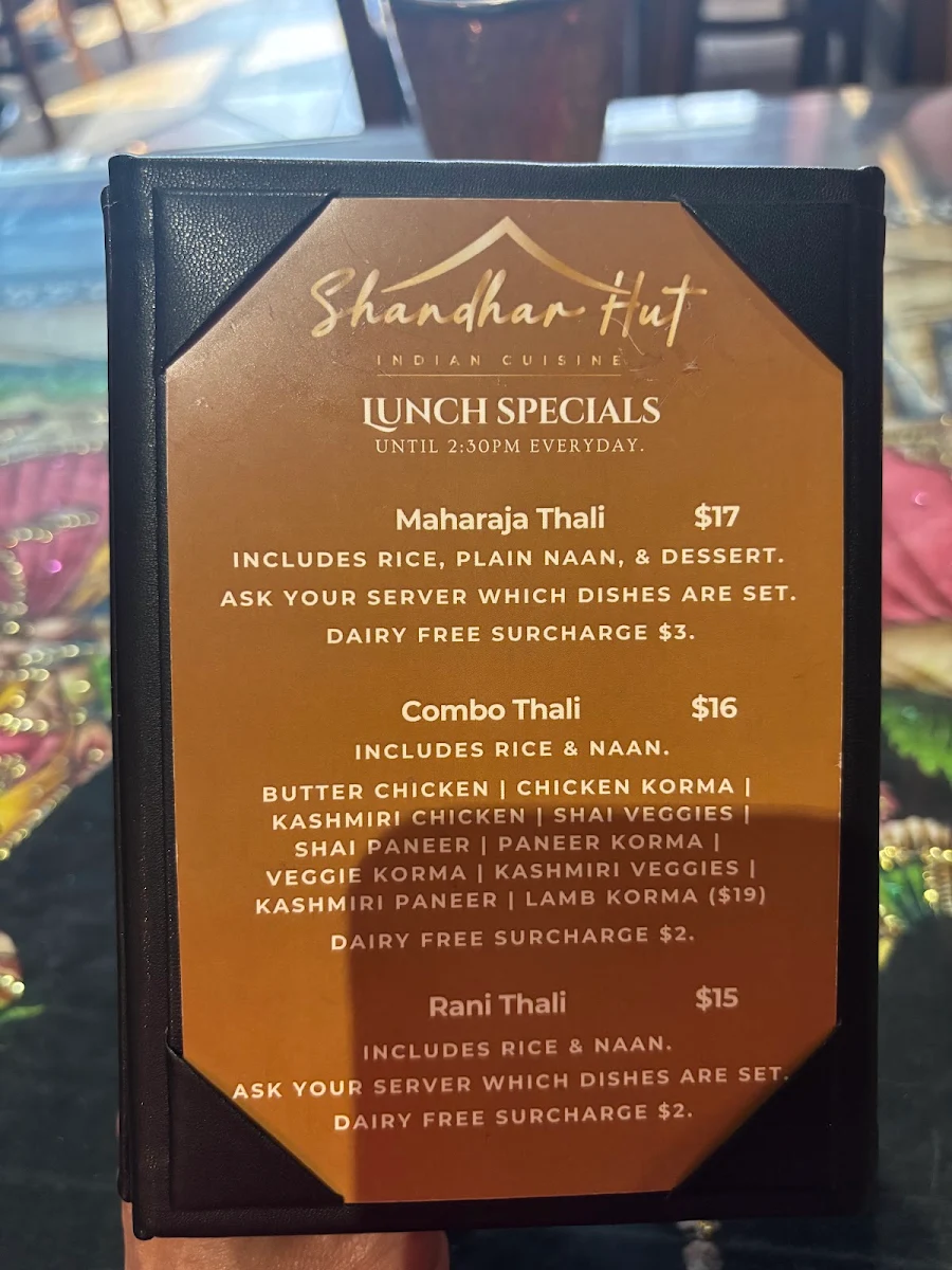 Menu, Shandhar Hut Indian Cuisine - Downtown