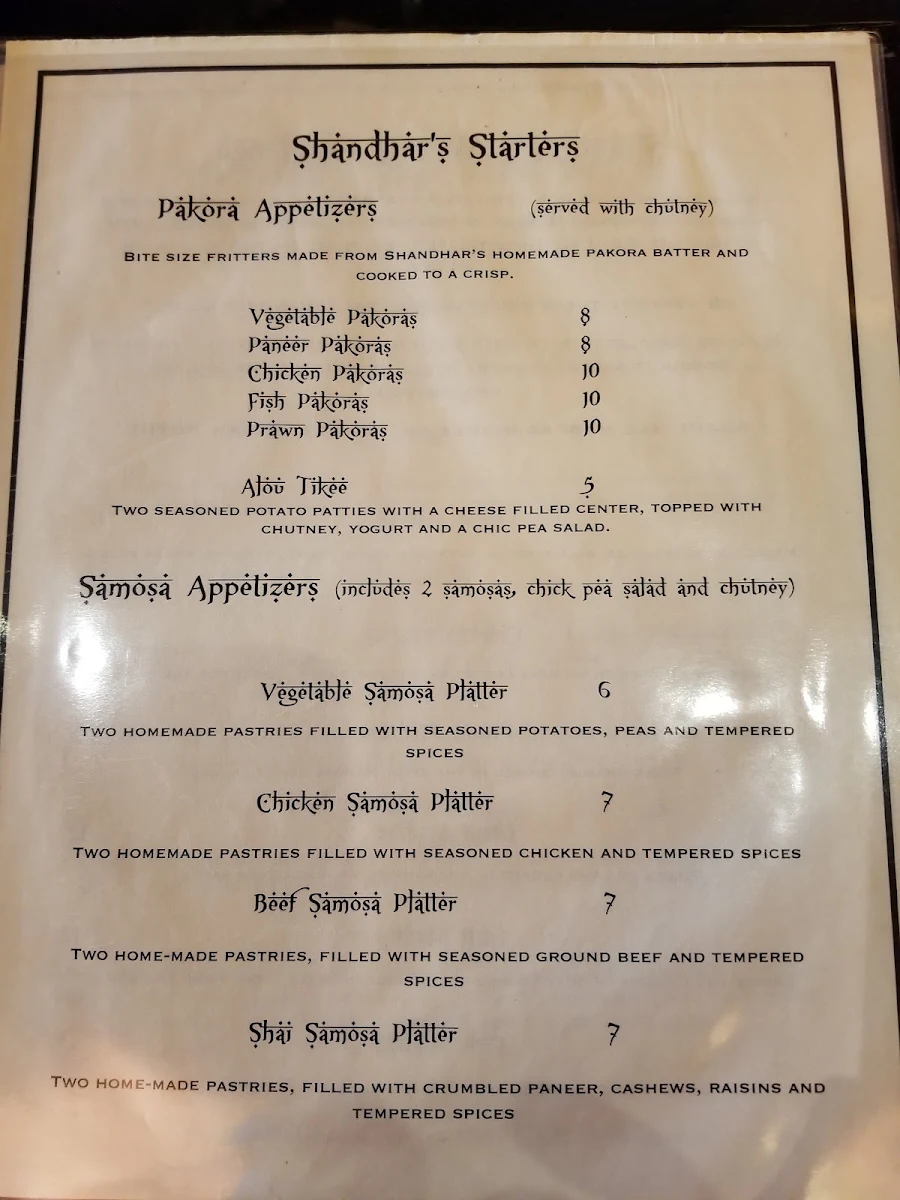 Menu, Shandhar Hut Indian Cuisine - Downtown