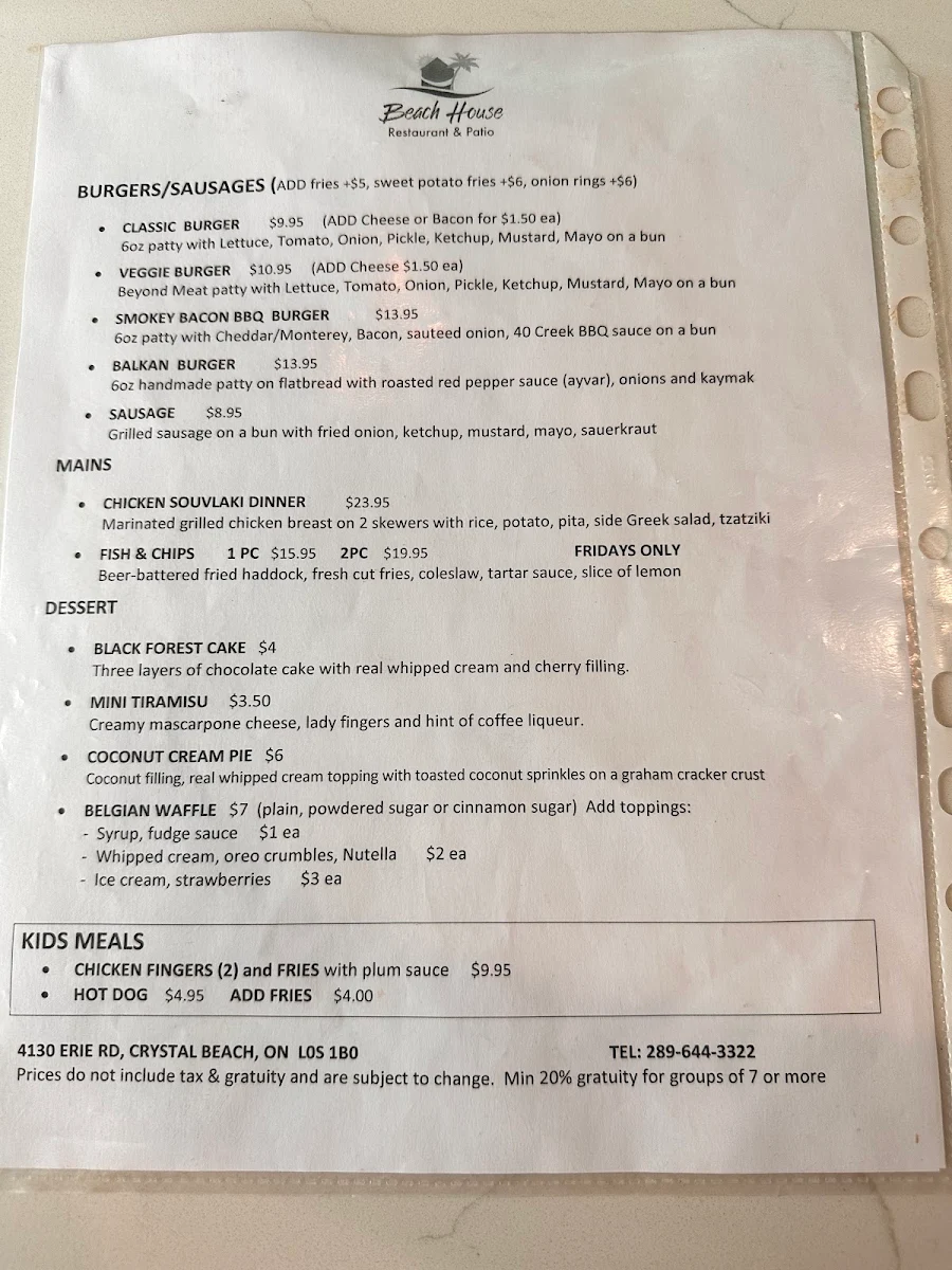 Menu, Beach House Restaurant