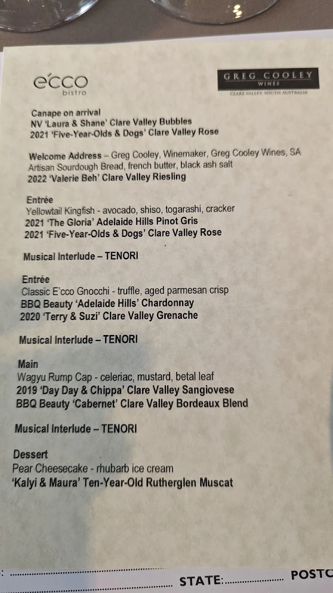 Menu, e'cco bistro