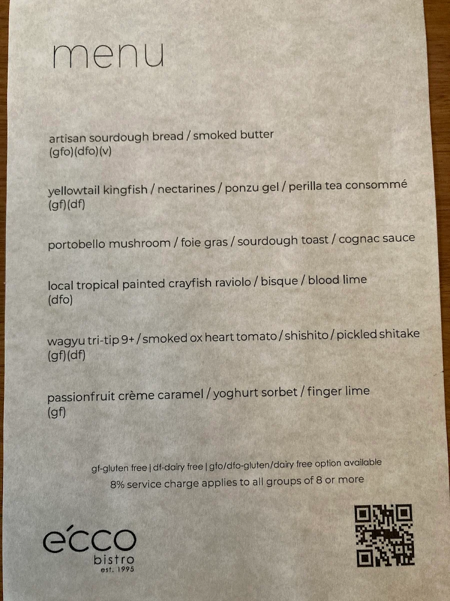 Menu, e'cco bistro
