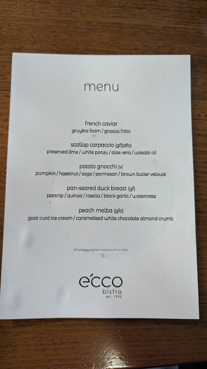 Menu, e'cco bistro