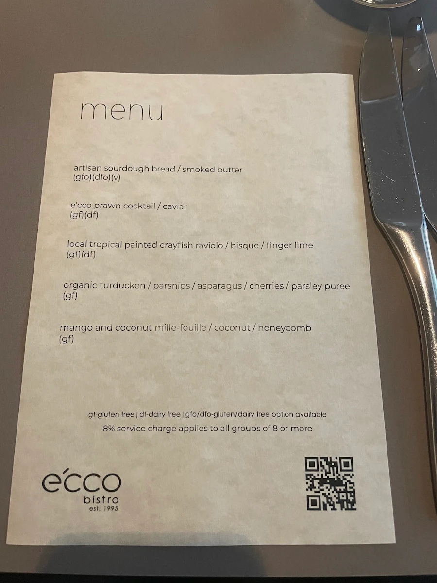 Menu, e'cco bistro