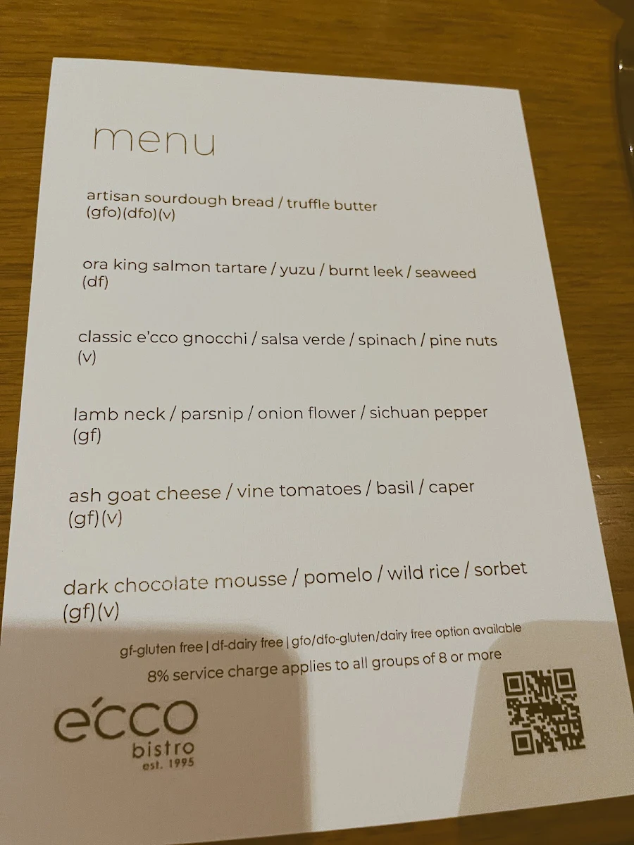 Menu, e'cco bistro