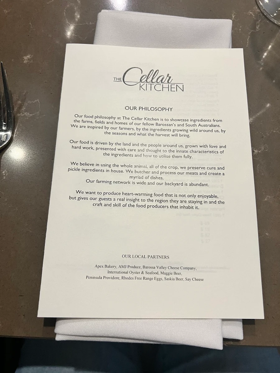 Menu, The Cellar Kitchen Restaurant