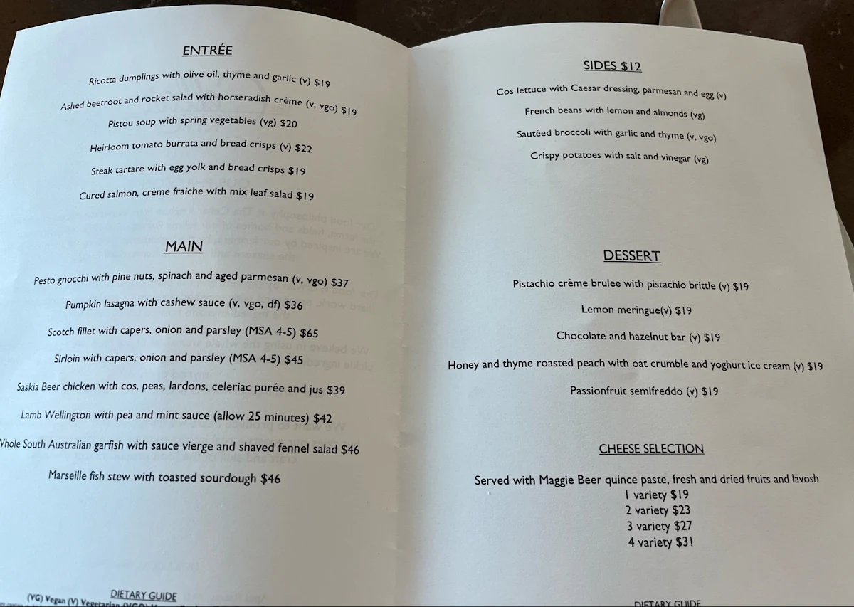 Menu, The Cellar Kitchen Restaurant
